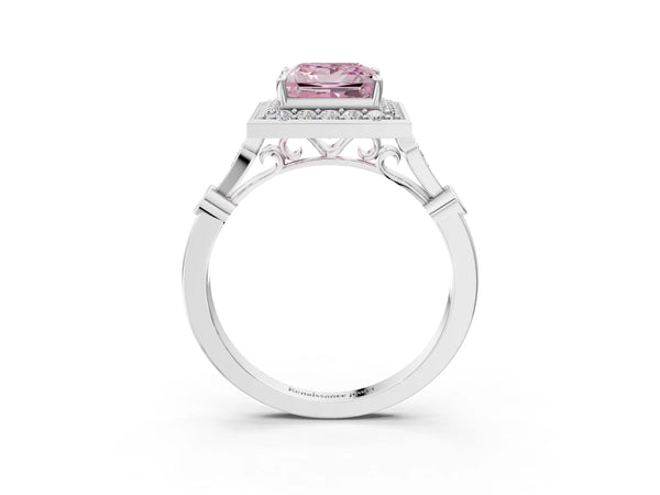 Platinum Fancy Pink Princess  Halo Diamond Engagement Ring with Twisted Band and Four-Prong Setting