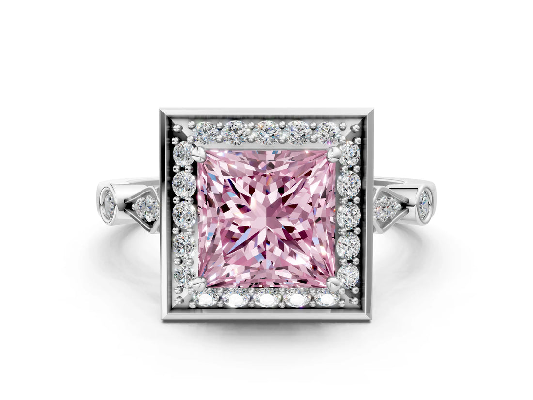 Platinum Fancy Pink Princess  Halo Diamond Engagement Ring with Twisted Band and Four-Prong Setting