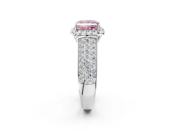 Platinum Fancy Pink Princess  Halo Round Diamond Pave Band with Prong Setting