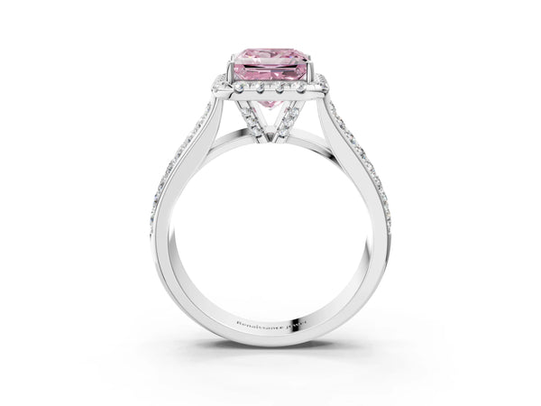 Platinum Fancy Pink Princess  Halo Round Diamond Pave Band with Prong Setting