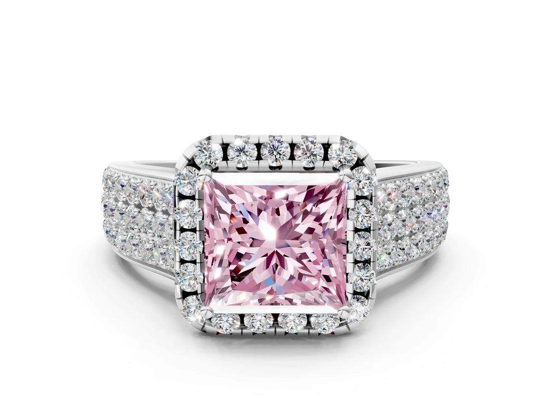 Platinum Fancy Pink Princess  Halo Round Diamond Pave Band with Prong Setting