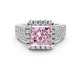 Platinum Fancy Pink Princess  Halo Round Diamond Pave Band with Prong Setting