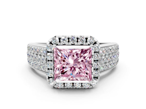 Platinum Fancy Pink Princess  Halo Round Diamond Pave Band with Prong Setting