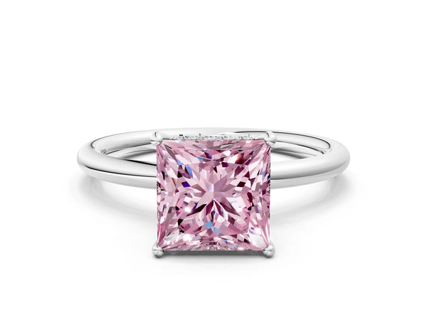 Platinum Fancy Pink Princess  Solitaire Diamond Ring with a Classic Band and Four-Prong Setting