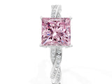 Platinum Fancy Pink Princess  Solitaire Twisted Pave Diamond Ring with Four-Prong Setting