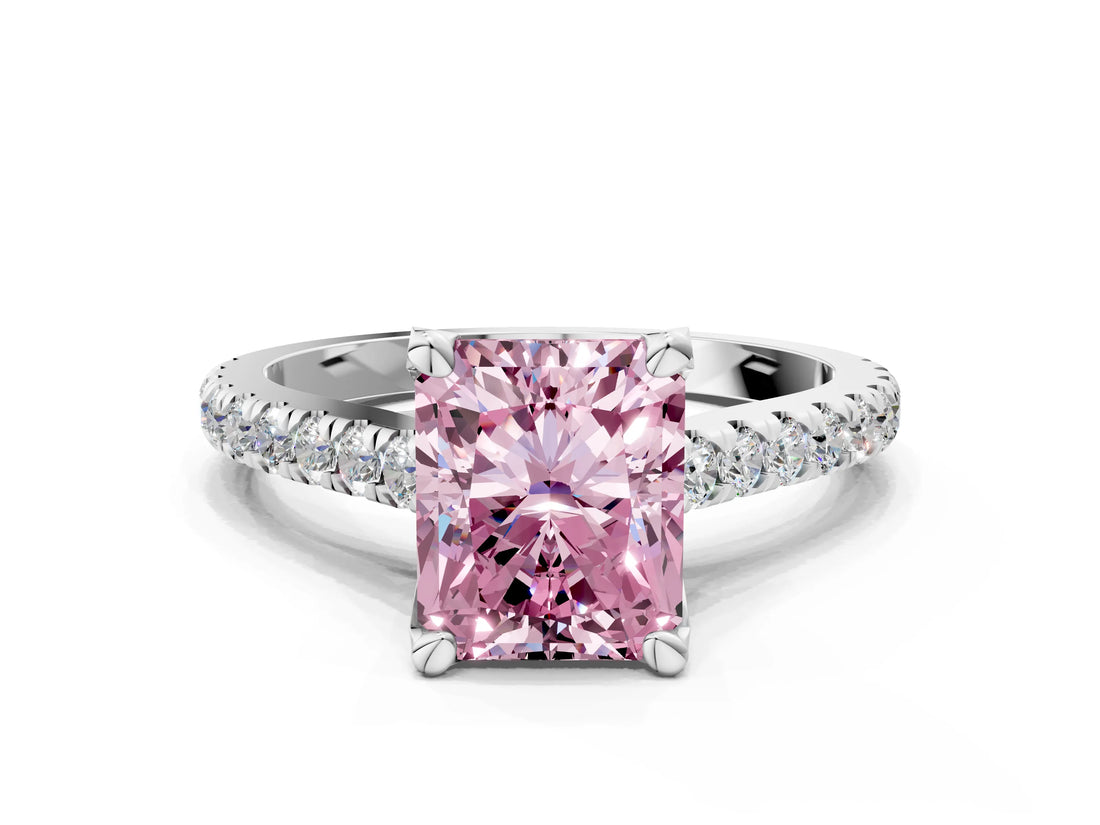 Platinum Fancy Pink Radiant  Brilliant Diamond Solitaire with Pavé Band and Four-Prong Setting 1