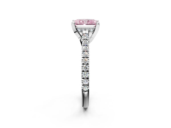 Platinum Fancy Pink Radiant  Brilliant Diamond Solitaire with Pavé Band and Four-Prong Setting