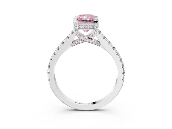 Platinum Fancy Pink Radiant  Brilliant Diamond Solitaire with Pavé Band and Four-Prong Setting