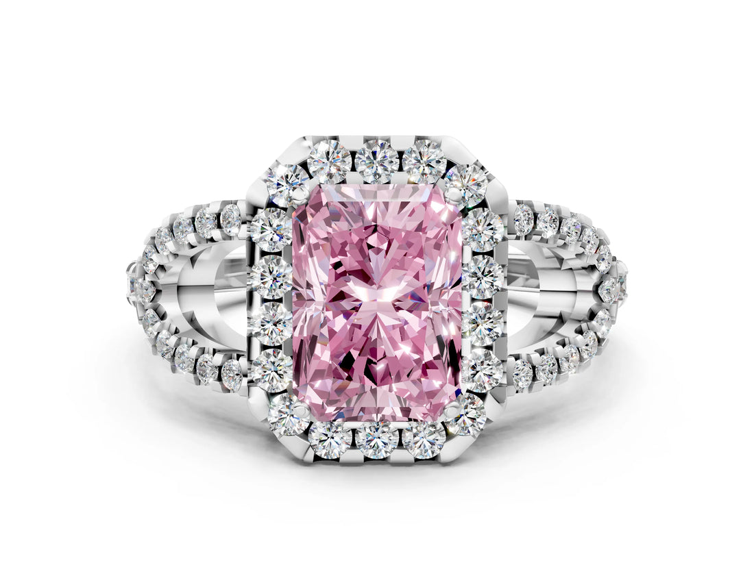 Platinum Fancy Pink Radiant Cut Cut Diamond Halo Engagement Ring with Open Split Pavé Band_6