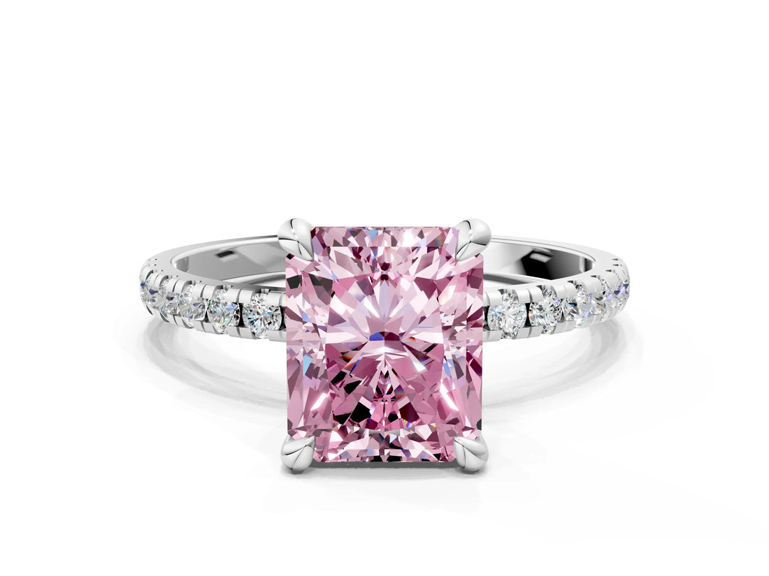 Platinum Fancy Pink Radiant Cut Diamond Brilliant Solitaire Ring with Pavé Band and Four-Prong Setting_36