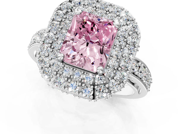 Platinum Fancy Pink Radiant Cut Diamond Double Halo Ring with Pavé Band and Four-Prong Setting