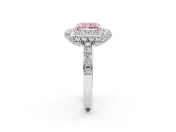 Platinum Fancy Pink Radiant Cut Diamond Double Halo Ring with Pavé Band and Four-Prong Setting