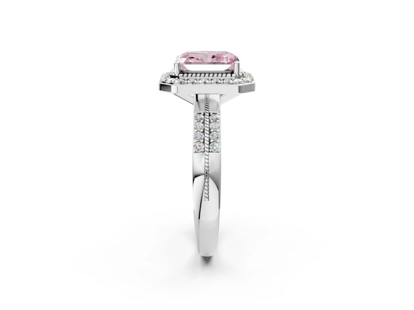 Platinum Fancy Pink Radiant Cut Diamond Double Halo Ring with Split Shank and Four-Prong Setting