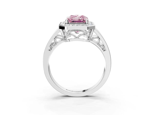 Platinum Radiant Cut Channel Set Halo Engagement Ring Setting for Fancy Pink Center