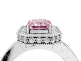 Platinum Fancy Pink Radiant Cut Diamond Milgrain Halo Engagement Ring with Round Pavé Band and Prong Setting_19
