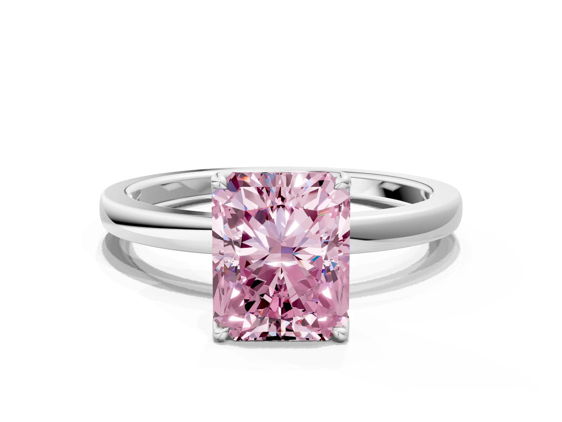 Platinum Fancy Pink Radiant Cut Diamond Solitaire Ring with Thin Band and Prong Setting
