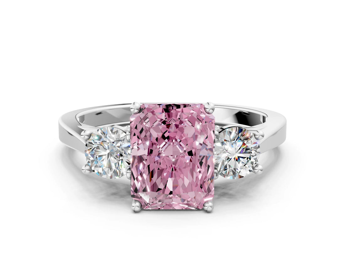 Platinum Fancy Pink Radiant Cut Diamond Three-Stone Engagement Ring with Prong Setting and Pavé Band_12