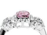 Platinum Fancy Pink Radiant Cut Diamond Three-Stone Halo Ring with Prong Setting and Pavé Accents_16