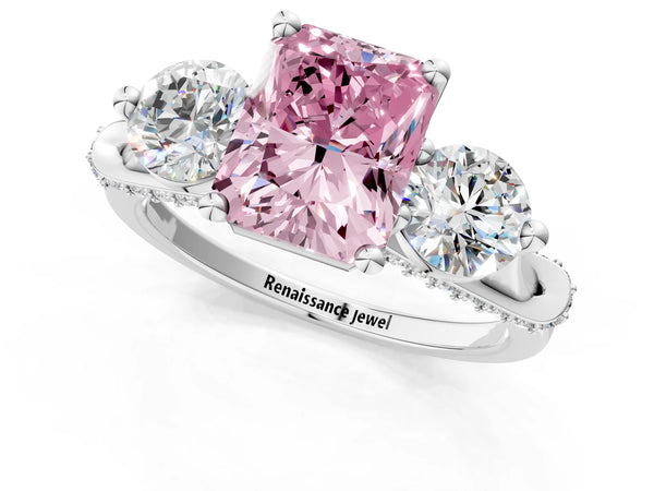 Platinum Radiant Cut Curved Pave Three Stone Engagement Ring Setting for Fancy Pink Center
