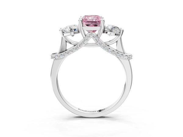 Platinum Radiant Cut Curved Pave Three Stone Engagement Ring Setting for Fancy Pink Center