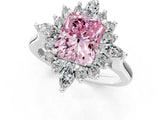 Platinum Fancy Pink Radiant Cut Halo Diamond Cluster Ring with Marquise and Round Stones on a White Gold Band with Prong Setting_1