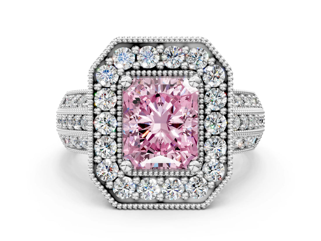 Platinum Fancy Pink Radiant Cut Halo Diamond Engagement Ring with Pave Split Shank and Four-Prong Setting_6
