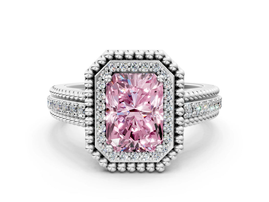 Platinum Fancy Pink Radiant Cut Halo Diamond Ring with Beaded Split Shank and Four-Prong Setting_6