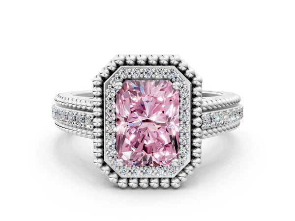 Platinum Radiant Cut Beaded Halo Engagement Ring Setting for Fancy Pink Center with Pave