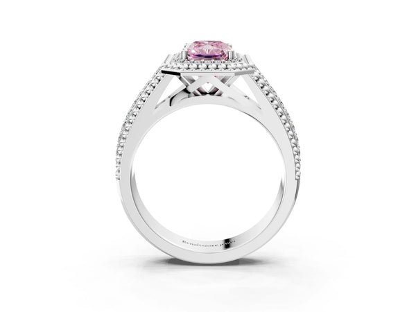 Platinum Radiant Cut Beaded Halo Engagement Ring Setting for Fancy Pink Center with Pave