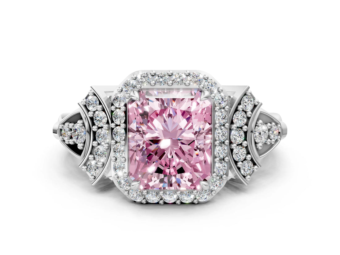 Platinum Fancy Pink Radiant Cut Halo Diamond Split Shank Engagement Ring with Four-Prong Setting_6