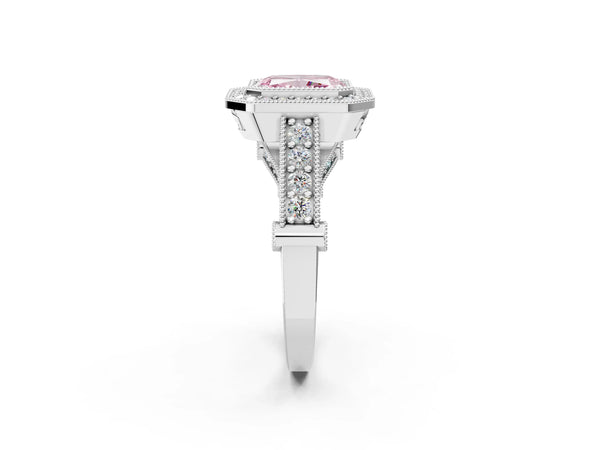 Platinum Radiant Cut Vintage Bezel Halo Engagement Ring Setting for Fancy Pink Center