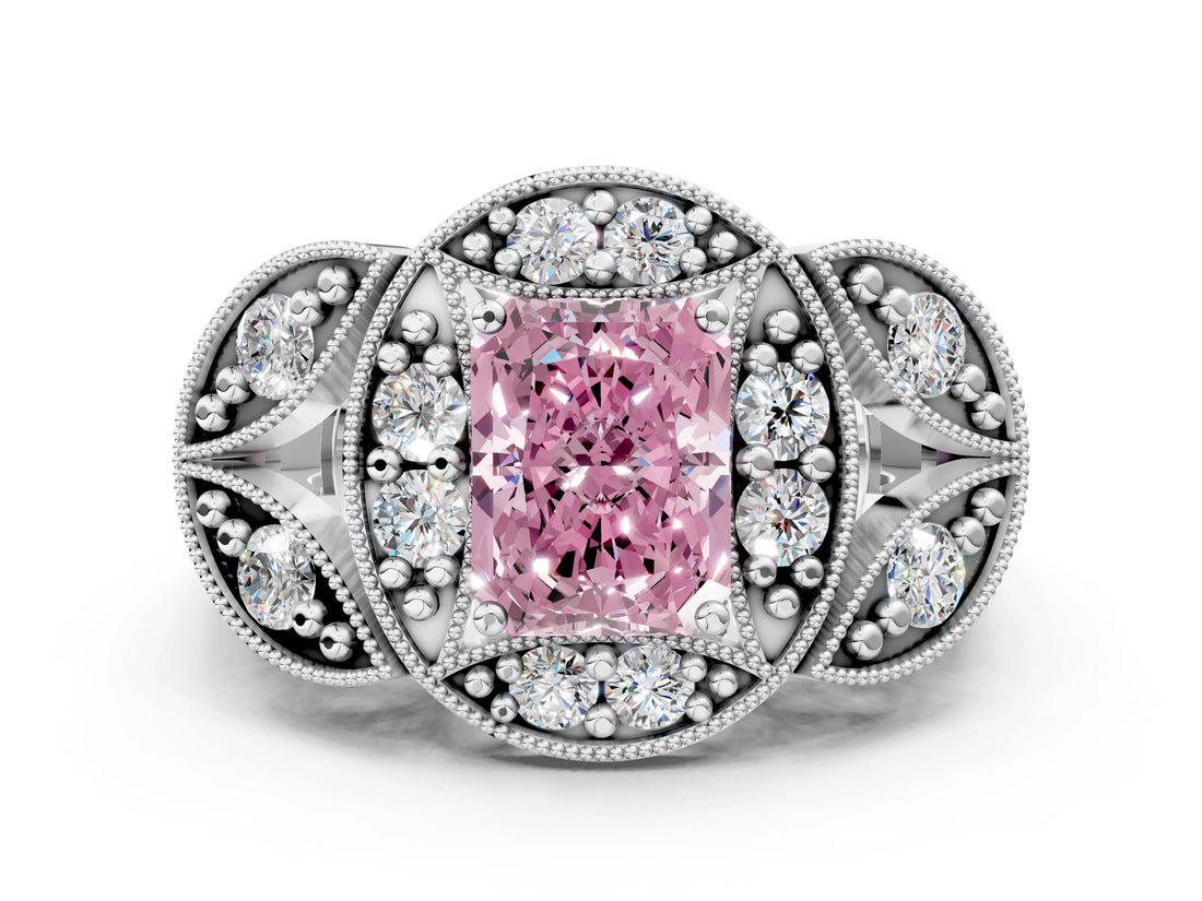 Platinum Fancy Pink Radiant Cut Halo Milgrain Diamond Engagement Ring with Leaf Band and Four-Prong Setting_12