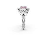 Platinum Fancy Pink Radiant Cut Halo Milgrain Diamond Engagement Ring with Leaf Band and Four-Prong Setting_14