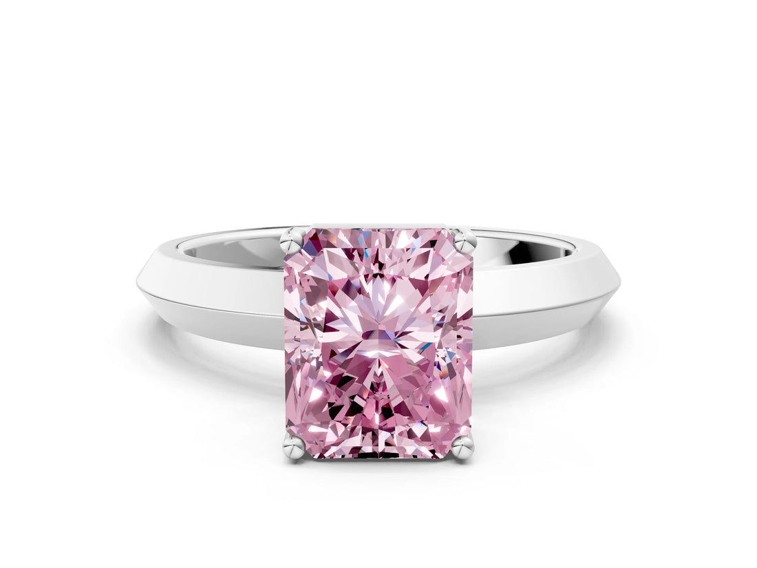 Platinum Fancy Pink Radiant  Cut Solitaire Engagement Ring with Flat Band and Four-Prong Setting