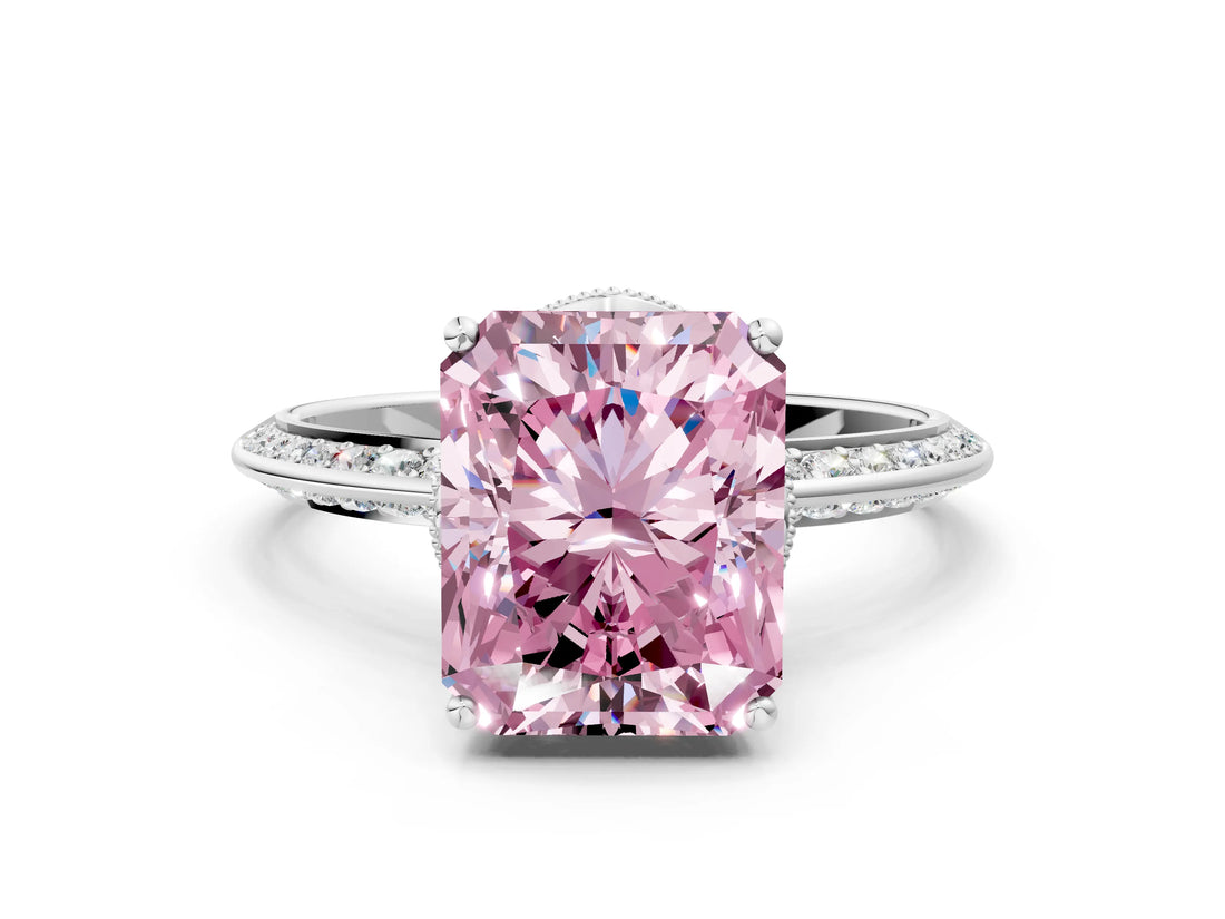 Platinum Fancy Pink Radiant Cut Solitaire Split Shank Pave Diamond Engagement Ring with Four-Prong Setting_156