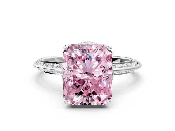 Platinum Radiant Cut Graduated Pave Engagement Ring Setting for Fancy Pink Center