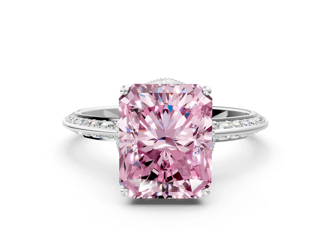 Platinum Fancy Pink Radiant Cut Solitaire Split Shank Pave Diamond Engagement Ring with Four-Prong Setting_84
