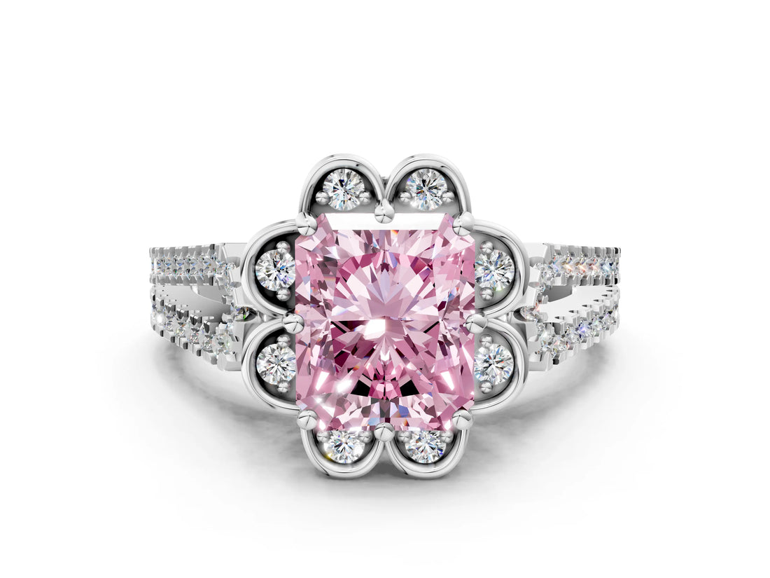 Platinum Fancy Pink Radiant  Halo Diamond Floral Split Shank Engagement Ring 1