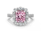 Platinum Fancy Pink Radiant  Halo Milgrain Pave Diamond Ring with Four-Prong Setting 1