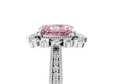 Platinum Fancy Pink Radiant  Halo Milgrain Pave Diamond Ring with Four-Prong Setting