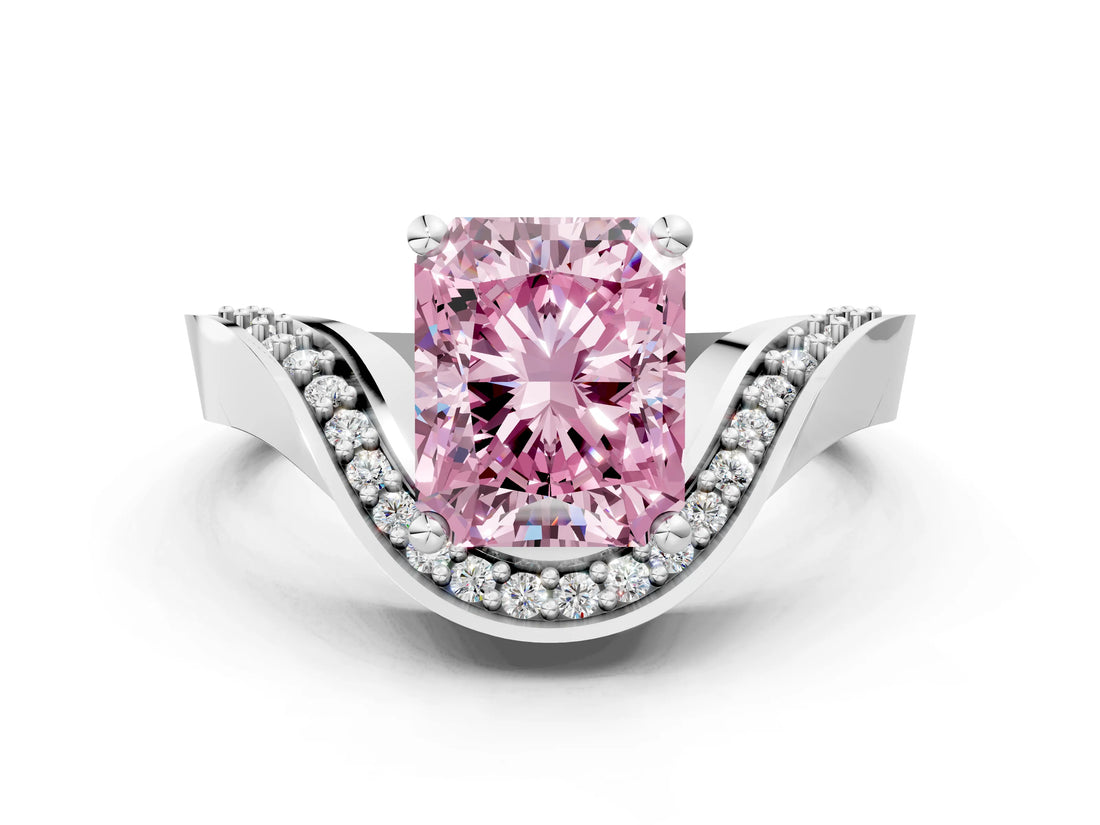 Platinum Fancy Pink Radiant  Solitaire Diamond Engagement Ring with Pave Band and Four-Prong Setting 1