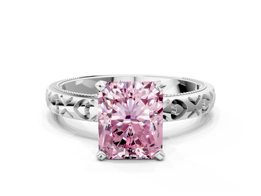 Platinum Fancy Pink Radiant  Solitaire Diamond Engagement Ring with XO Engraved Band and Four-Prong Setting 1