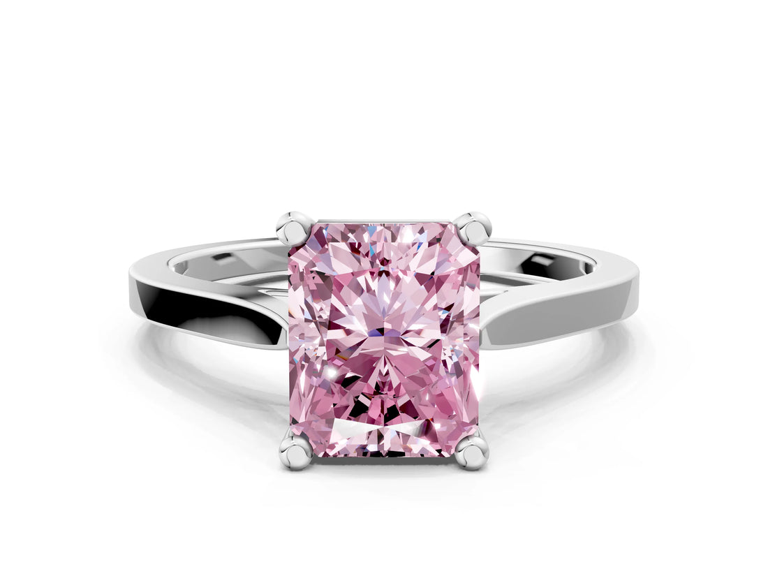 Platinum Fancy Pink Radiant  Solitaire Diamond Ring with Four-Prong Setting and Tapered Band 1