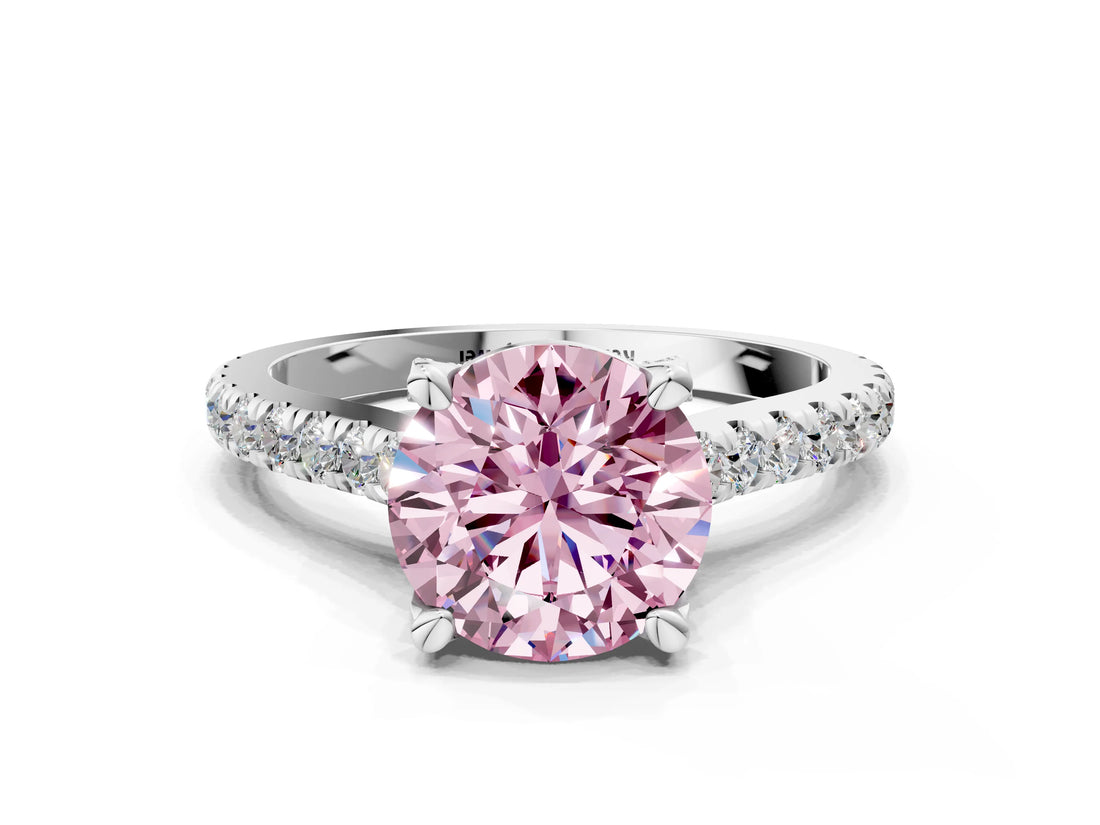 Platinum Fancy Pink Round  Brilliant Diamond Solitaire with Pavé Band and Four-Prong Setting