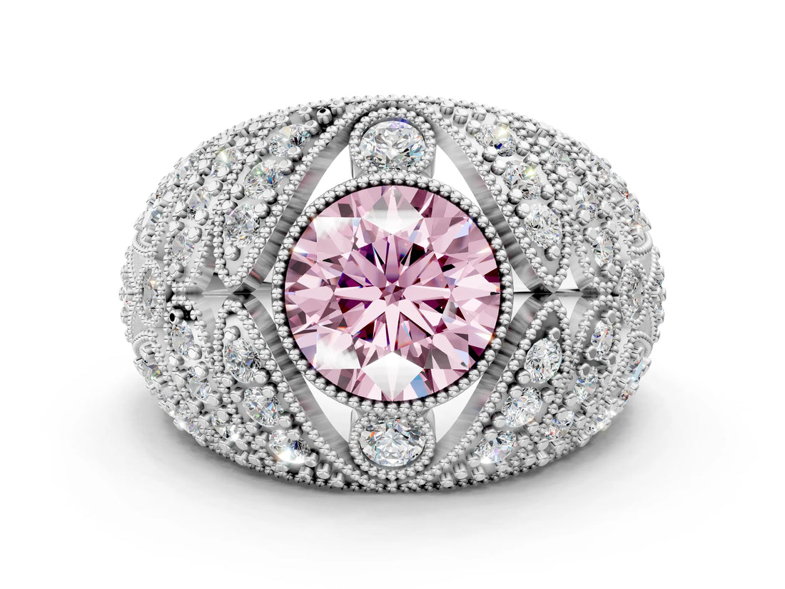 Platinum Fancy Pink Round Cut Brilliant Halo Pave Diamond Milgrain Ring_6