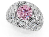 Platinum Fancy Pink Round Cut Brilliant Halo Pave Diamond Milgrain Ring_7