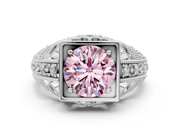 Platinum Fancy Pink Round Cut Brilliant Milgrain Filigree Diamond Ring with Square Prong Setting
