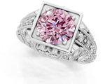 Platinum Fancy Pink Round Cut Brilliant Milgrain Filigree Diamond Ring with Square Prong Setting_31