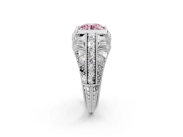 Platinum Fancy Pink Round Cut Brilliant Milgrain Filigree Diamond Ring with Square Prong Setting