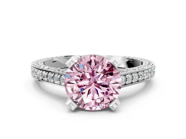 Platinum Fancy Pink Round Cut Brilliant Split Shank Pave Solitaire Ring with Four-Prong Setting